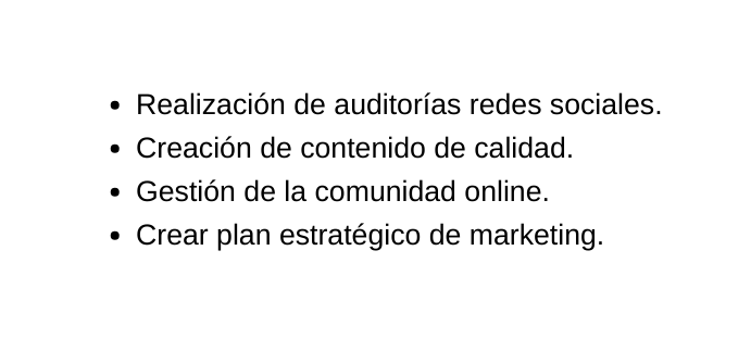 Realización de auditorías redes sociales Creación de contenido de calidad Gestión de la comunidad online Crear plan estratégico de marketing